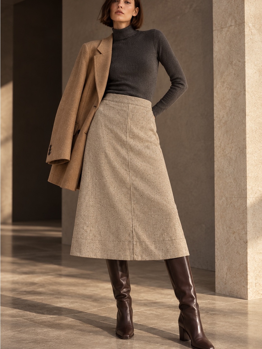 Zara Beige A-Line Midi Skirt with Textured Detail